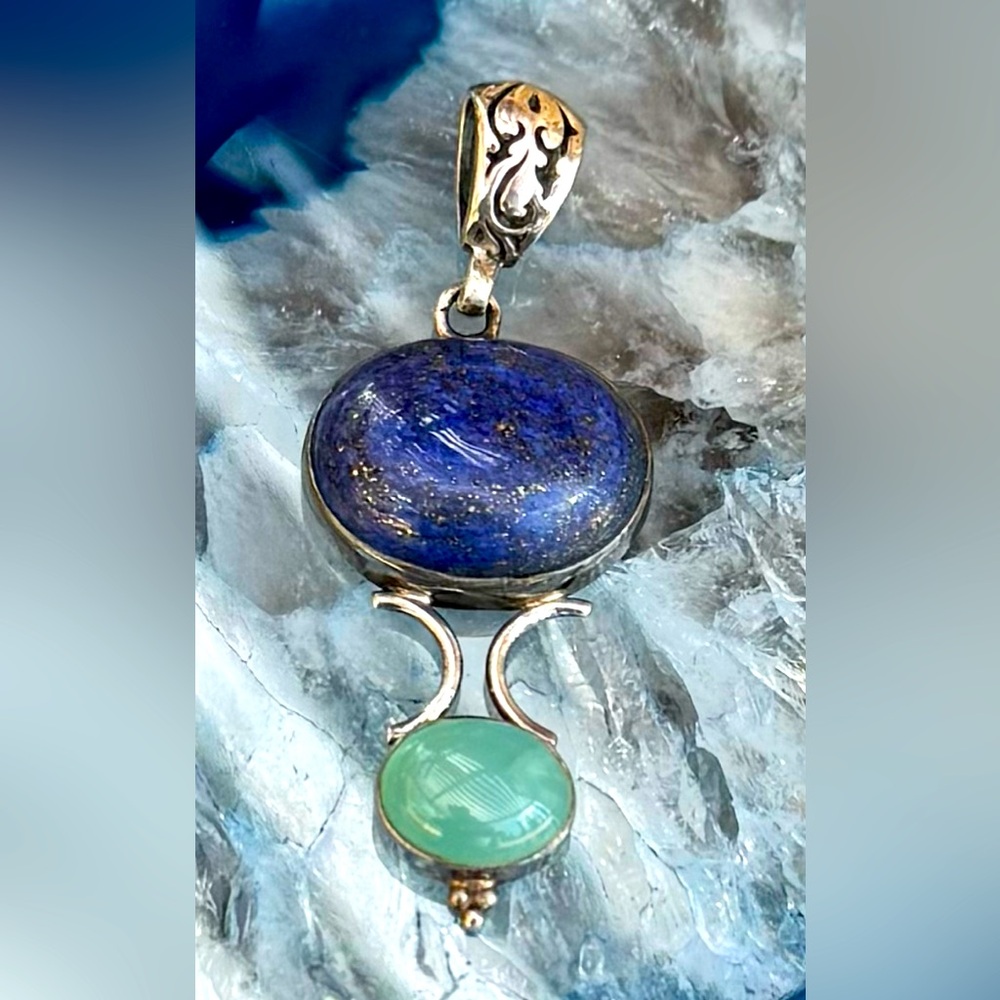 Sterling Silver Lapis Lazuli & Green Chalcedony Pendant Vintage Statement Piece